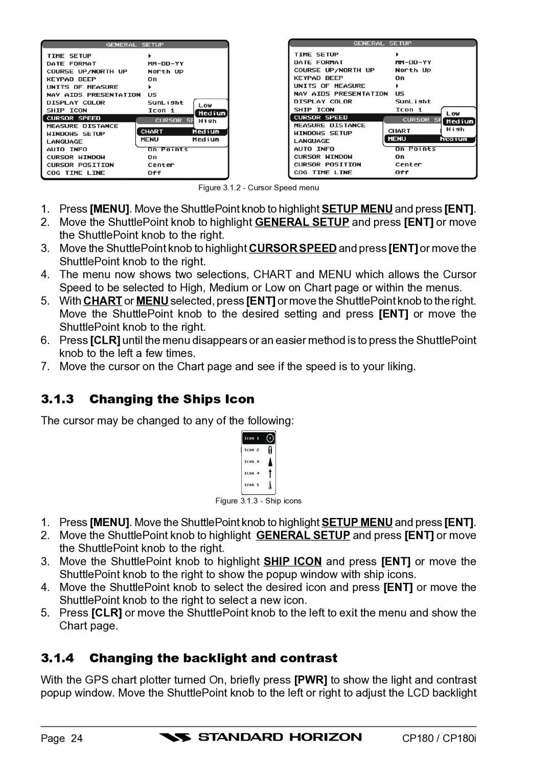 Standard Horizon CP180I owner manual Changing the Ships Icon, Changing the backlight and contrast 