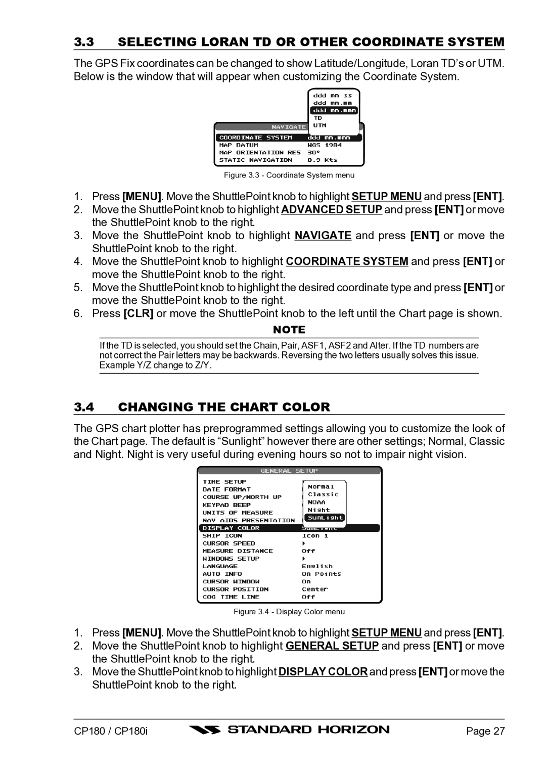 Standard Horizon CP180I owner manual Selecting Loran TD or Other Coordinate System, Changing the Chart Color 