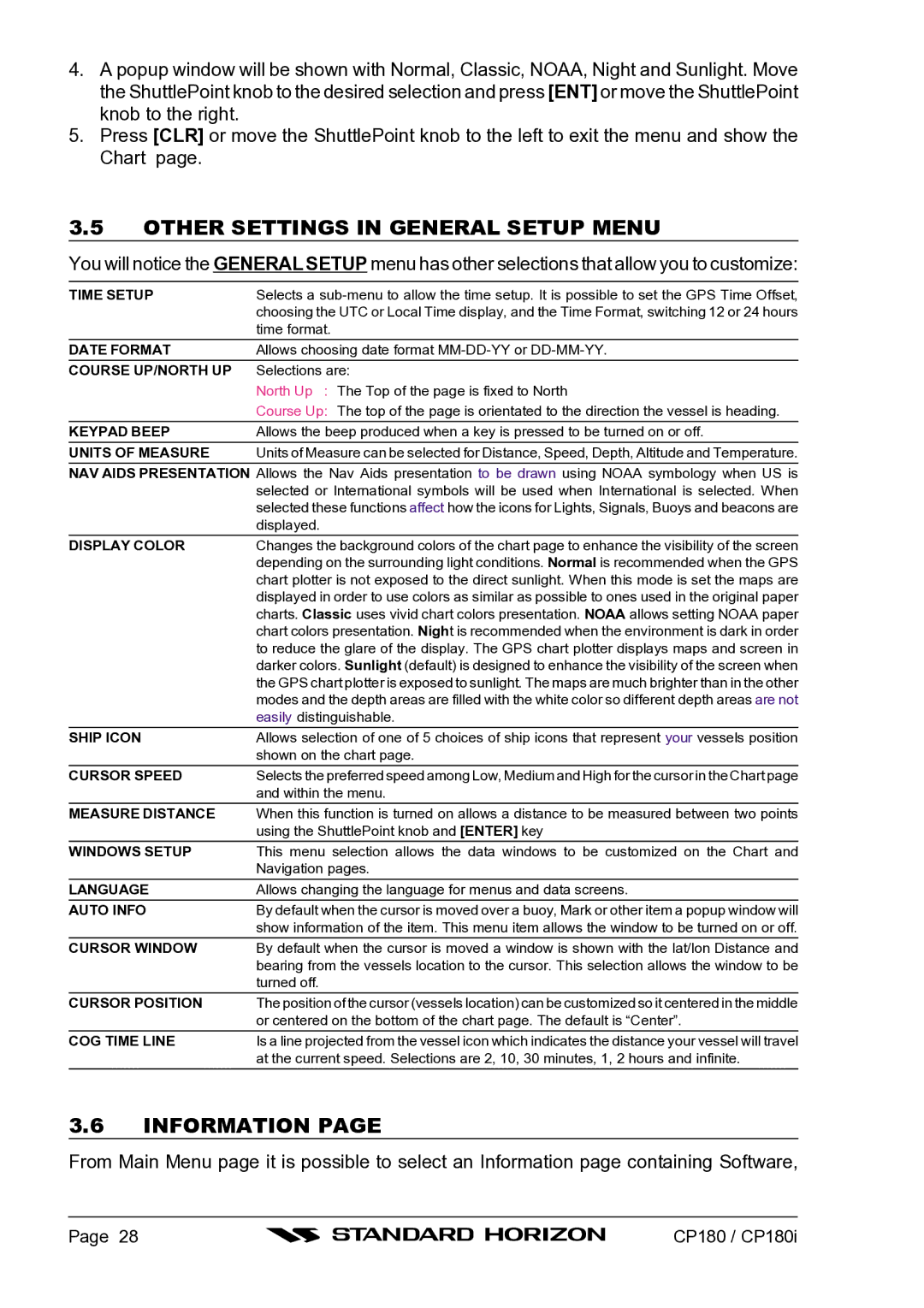 Standard Horizon CP180I owner manual Other Settings in General Setup Menu, Information 