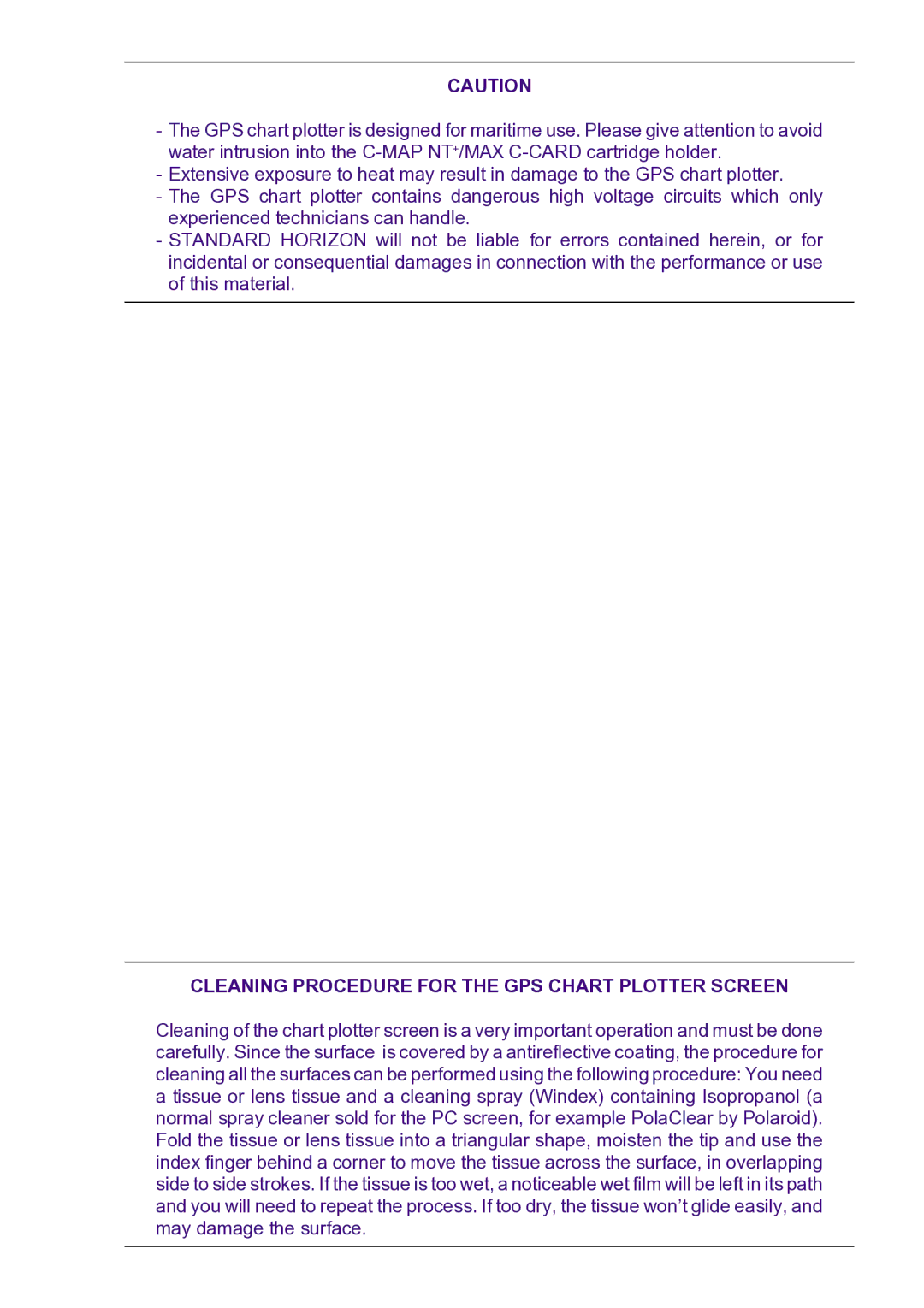 Standard Horizon CP180I owner manual Cleaning Procedure for the GPS Chart Plotter Screen 