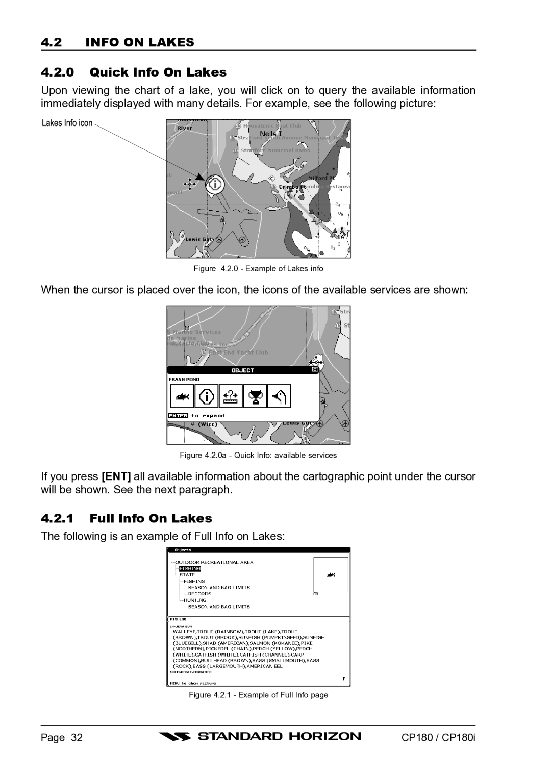 Standard Horizon CP180I owner manual Info on Lakes, Quick Info On Lakes, Full Info On Lakes 