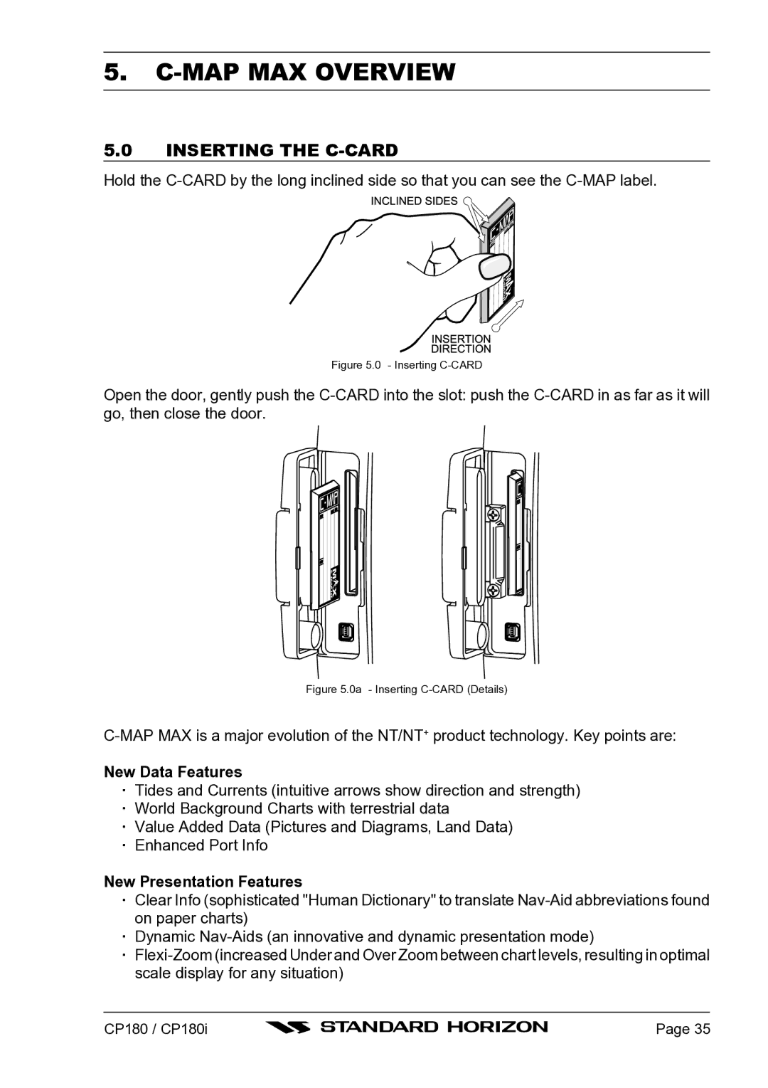 Standard Horizon CP180I owner manual MAP MAX Overview, Inserting the C-CARD, New Data Features, New Presentation Features 