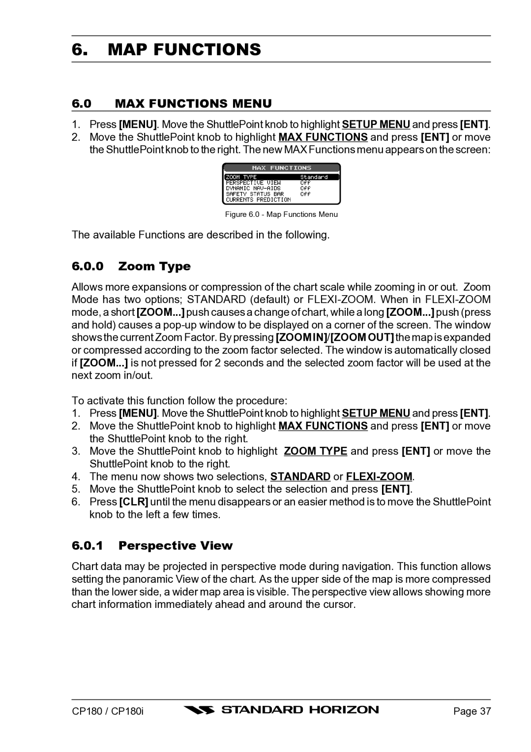 Standard Horizon CP180I owner manual MAP Functions, MAX Functions Menu, Zoom Type, Perspective View 