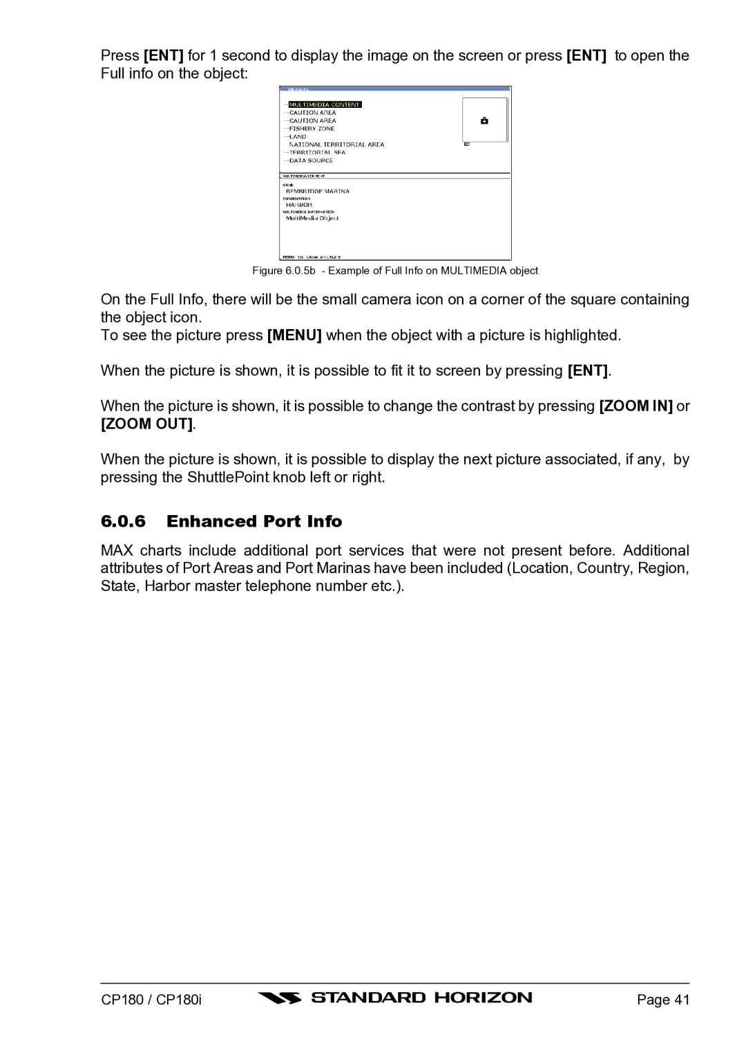 Standard Horizon CP180I owner manual Enhanced Port Info, 5b Example of Full Info on Multimedia object 