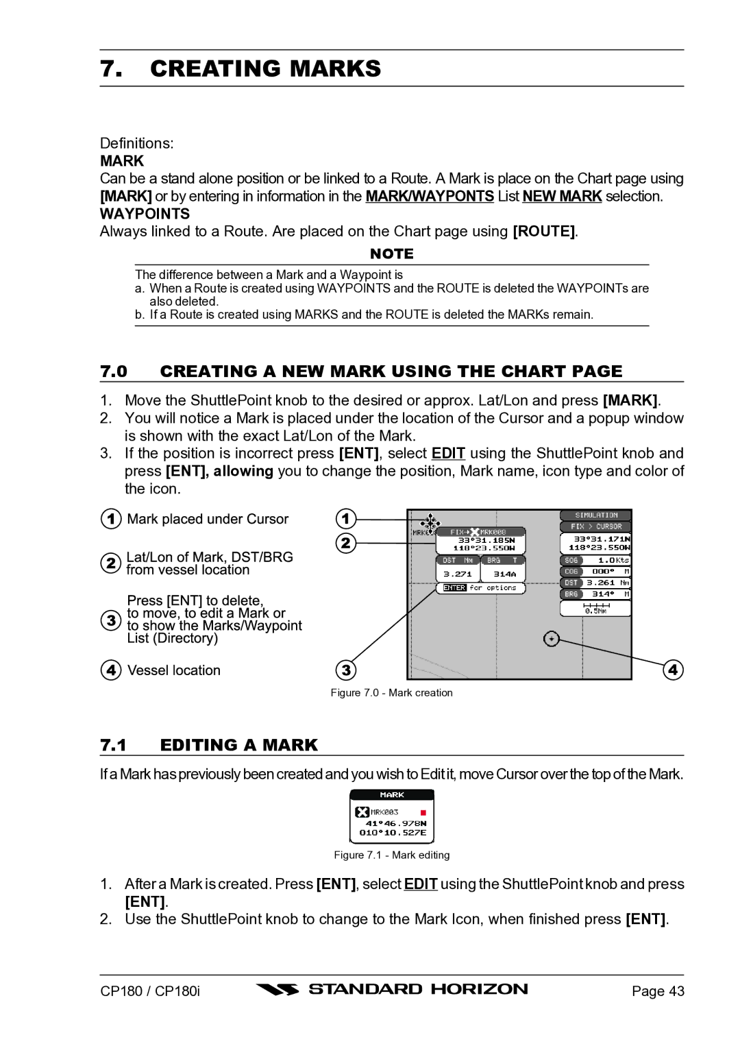 Standard Horizon CP180I owner manual Creating Marks, Creating a NEW Mark Using the Chart, Editing a Mark, Waypoints 