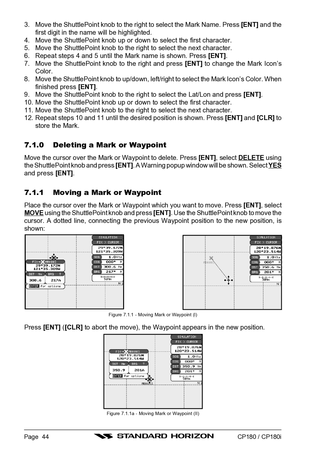 Standard Horizon CP180I owner manual Deleting a Mark or Waypoint, Moving a Mark or Waypoint 