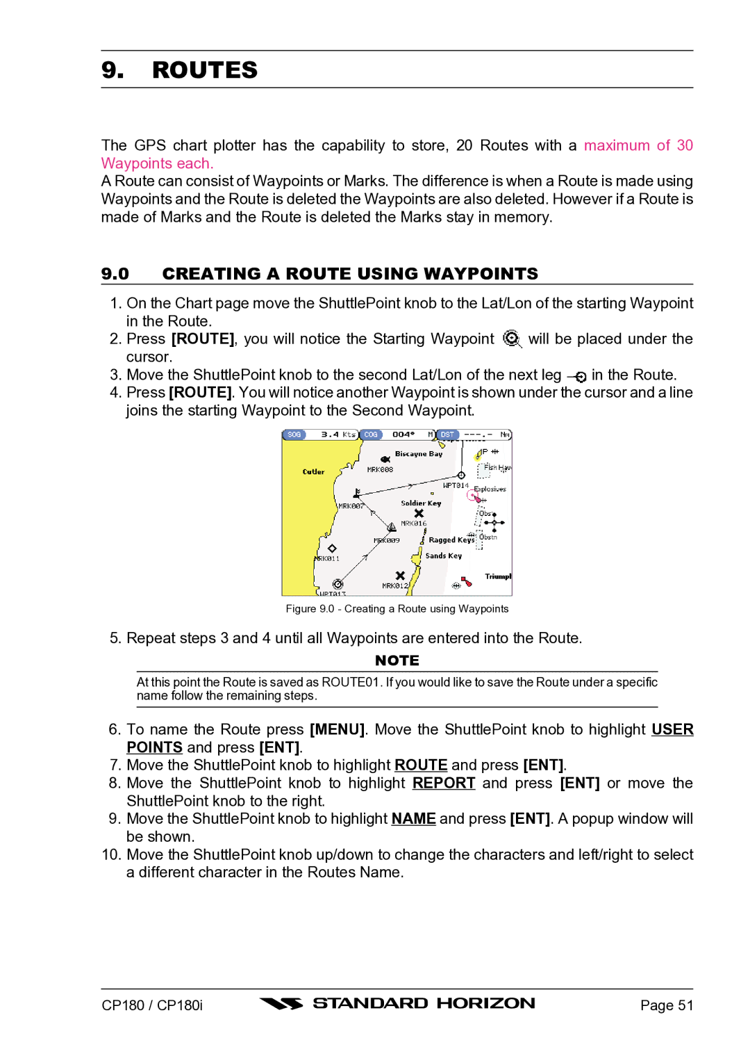 Standard Horizon CP180I owner manual Routes, Creating a Route Using Waypoints 