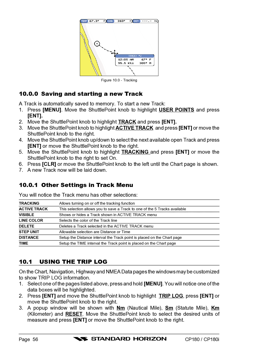 Standard Horizon CP180I Saving and starting a new Track, Other Settings in Track Menu, Using the Trip LOG, Ent 