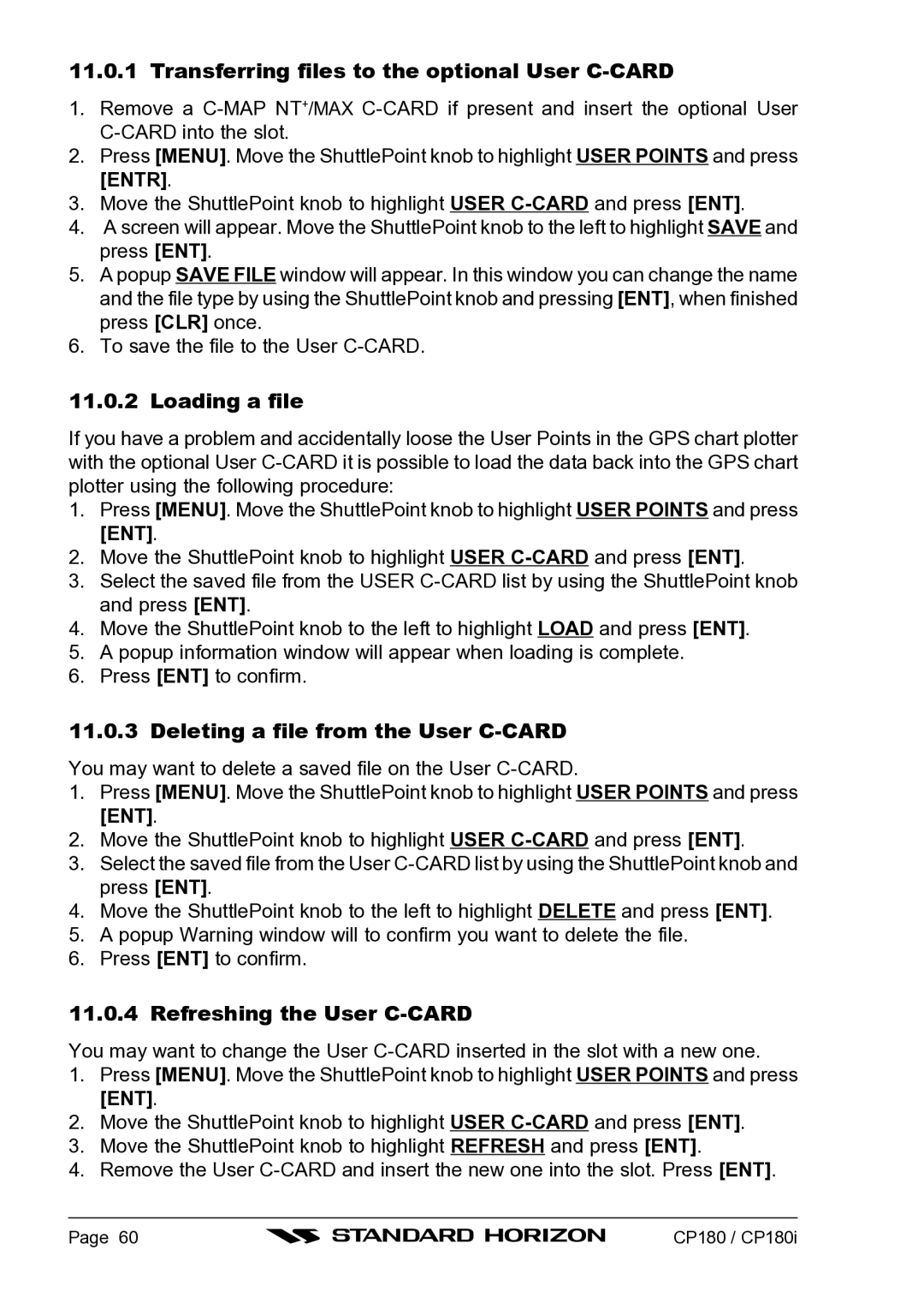 Standard Horizon CP180I Transferring files to the optional User C-CARD, Loading a file, Refreshing the User C-CARD 