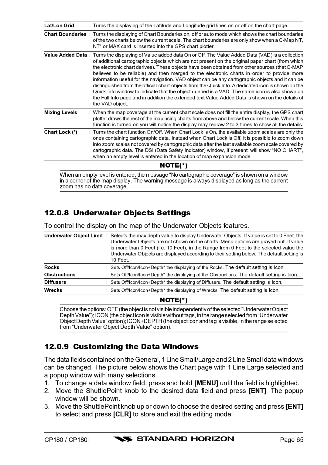 Standard Horizon CP180I owner manual Underwater Objects Settings, Customizing the Data Windows 