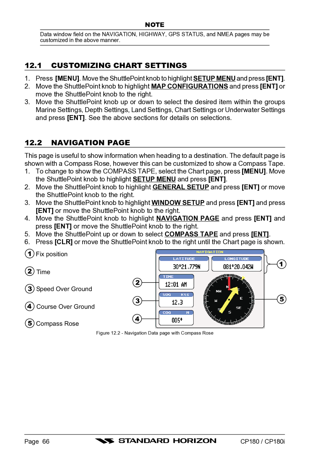 Standard Horizon CP180I owner manual Customizing Chart Settings, Navigation, Compass Rose 