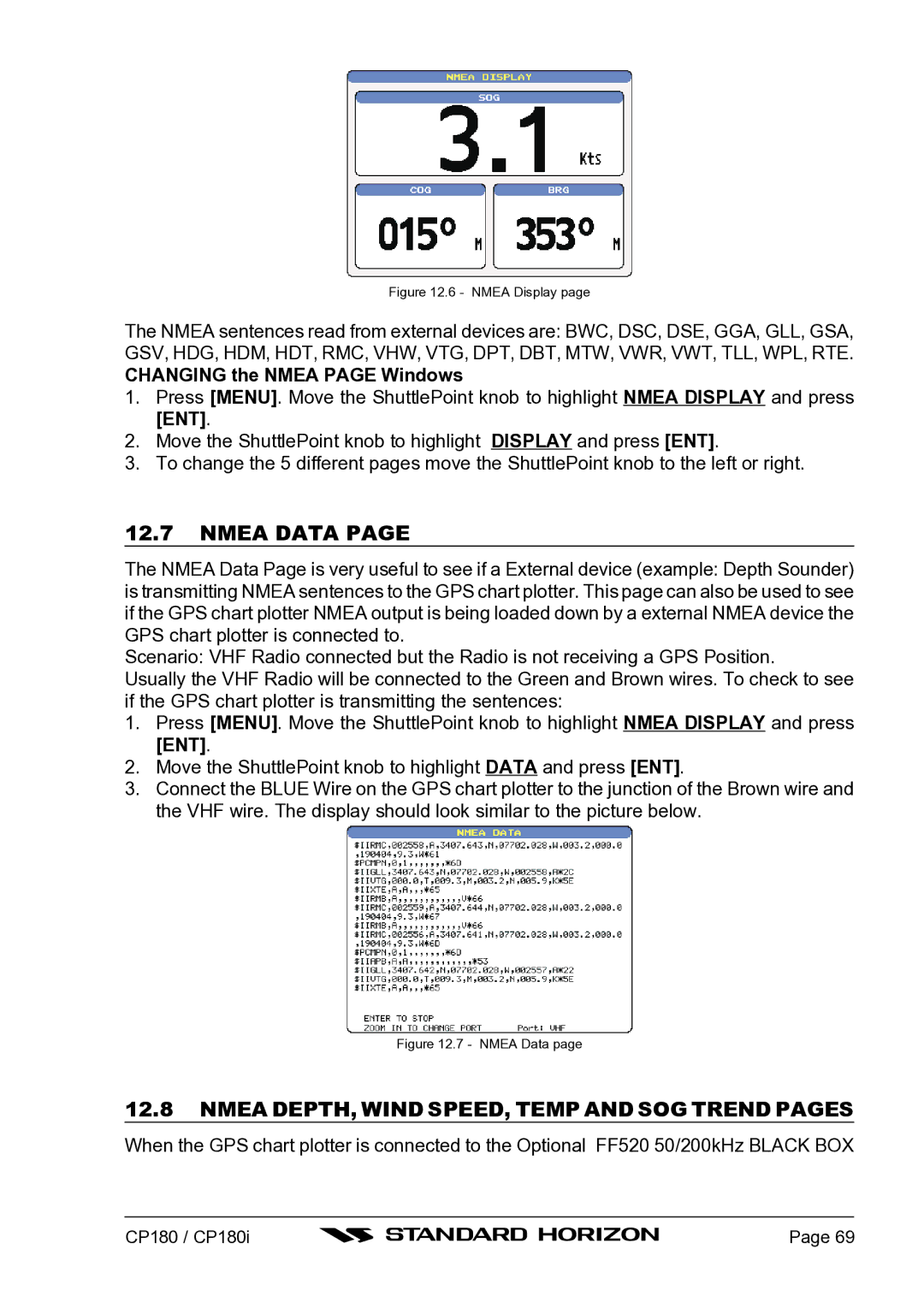 Standard Horizon CP180I owner manual Nmea DEPTH, Wind SPEED, Temp and SOG Trend Pages, Changing the Nmea page Windows 