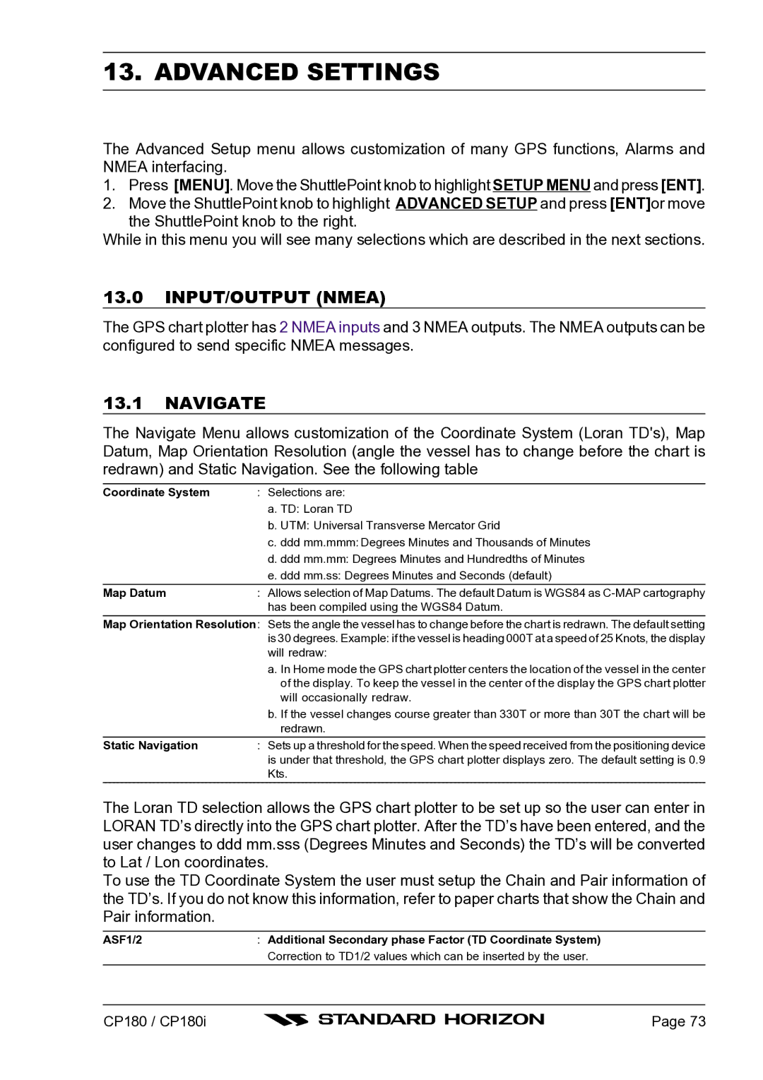 Standard Horizon CP180I owner manual Advanced Settings, INPUT/OUTPUT Nmea, Navigate 