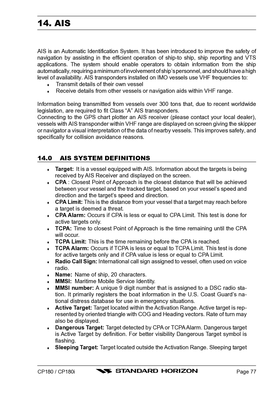 Standard Horizon CP180I owner manual Ais, AIS System Definitions 