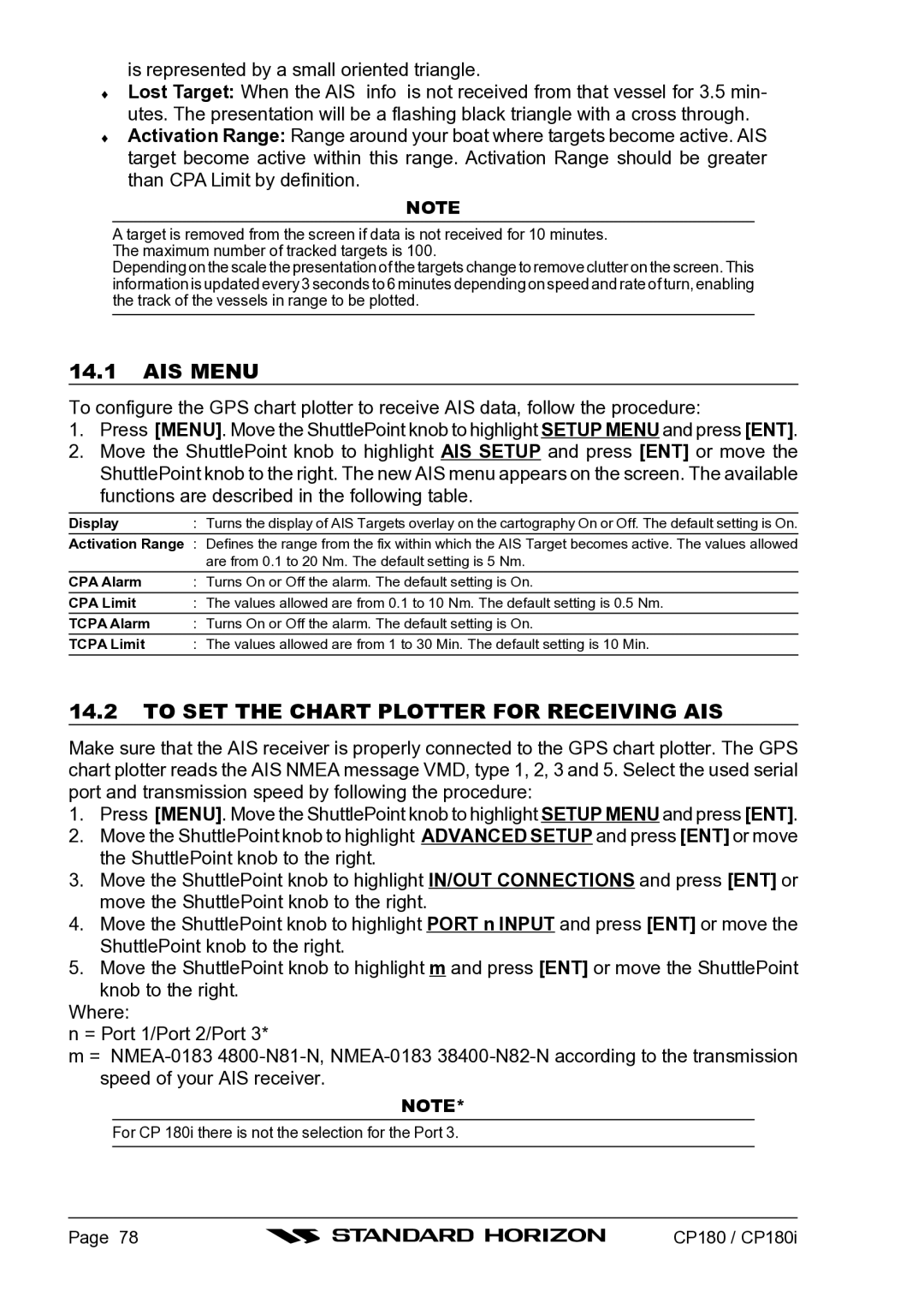 Standard Horizon CP180I owner manual AIS Menu, To SET the Chart Plotter for Receiving AIS 