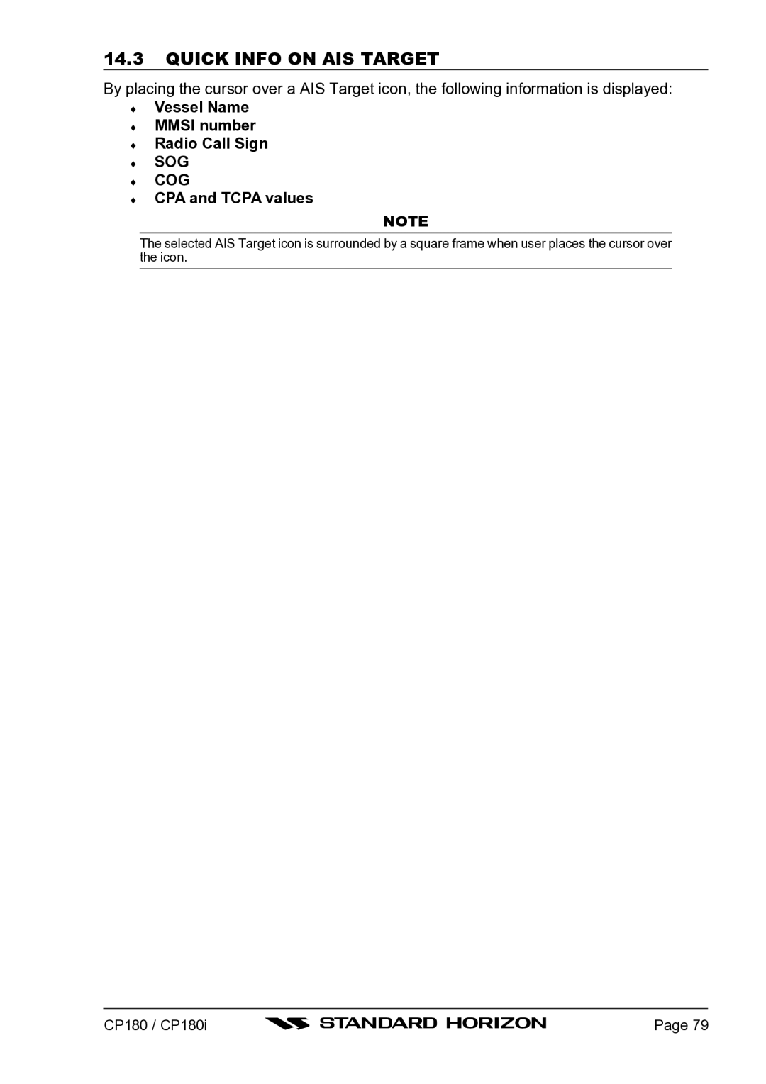 Standard Horizon CP180I Quick Info on AIS Target, Vessel Name Mmsi number Radio Call Sign, Sog Cog, CPA and Tcpa values 