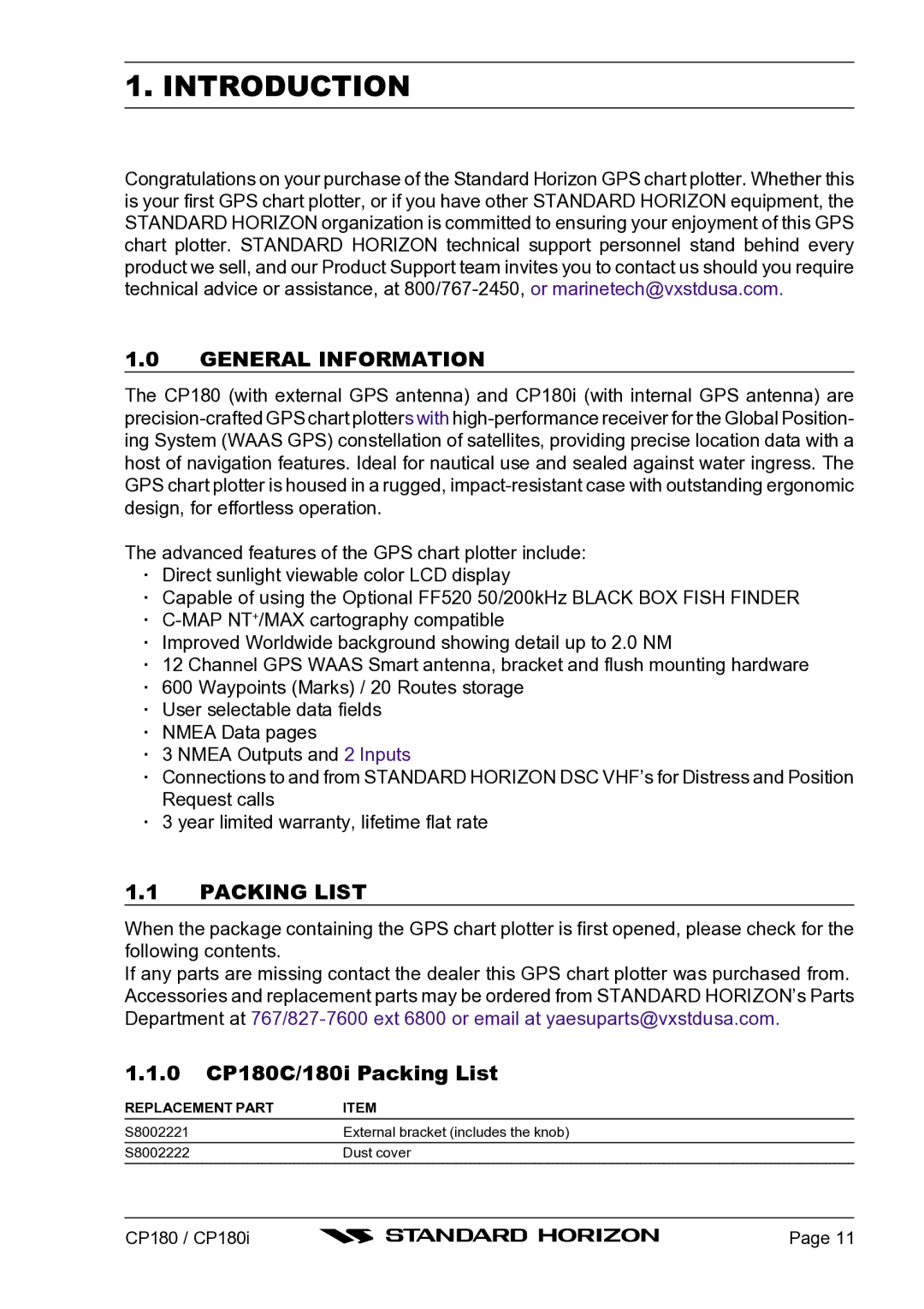 Standard Horizon CP180I owner manual Introduction, General Information, 0 CP180C/180i Packing List 