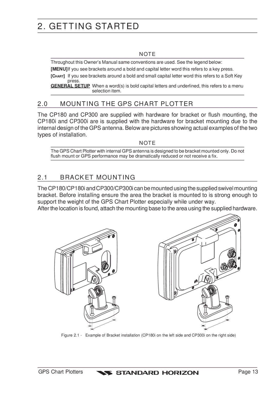 Standard Horizon CP180 owner manual Getting Started, Mounting the GPS Chart Plotter, Bracket Mounting 