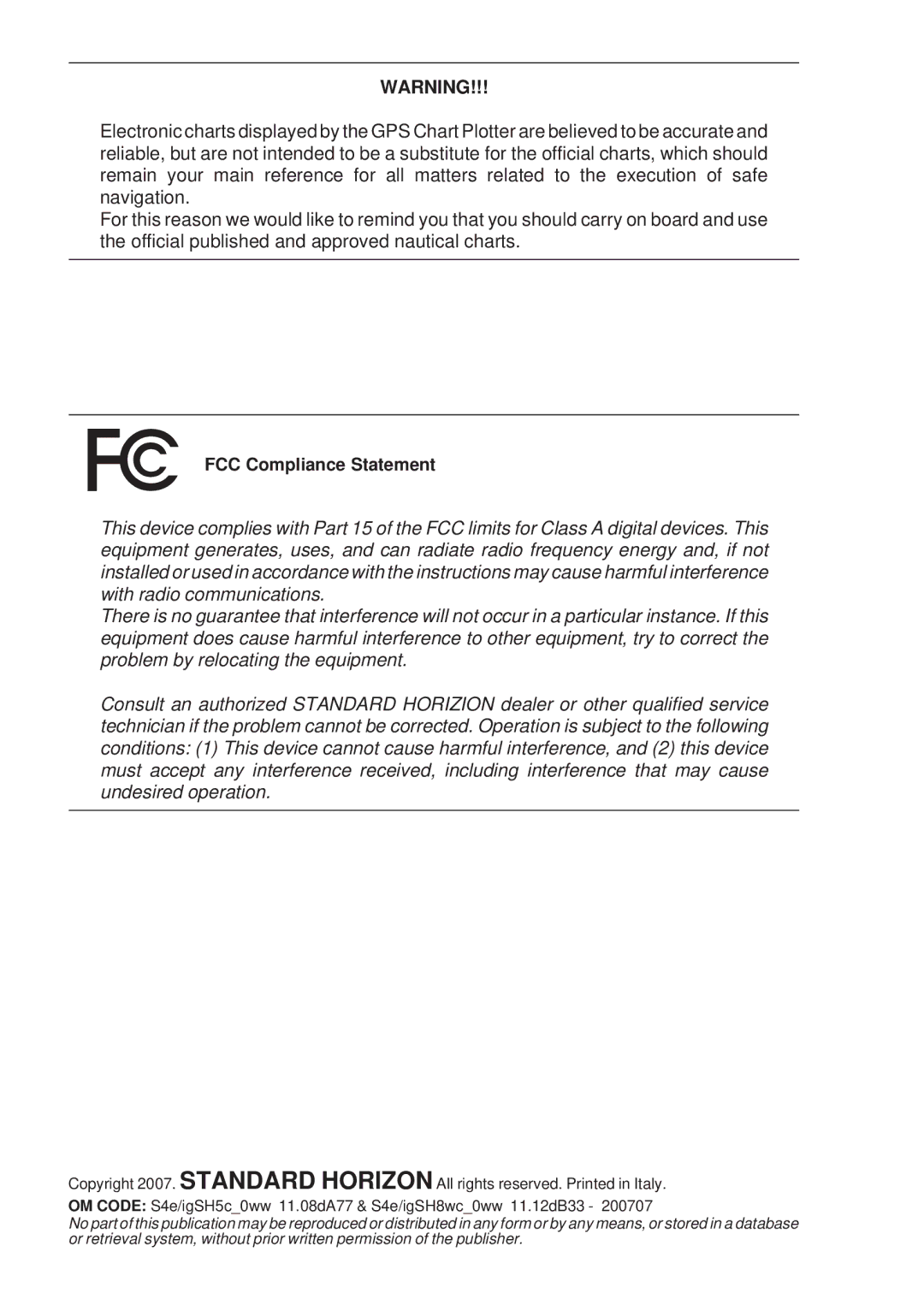 Standard Horizon CP180 owner manual FCC Compliance Statement 