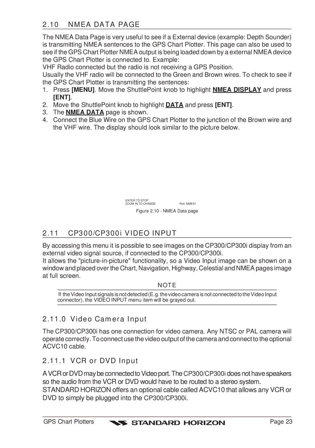 Standard Horizon CP180 owner manual Nmea Data, 11 CP300/CP300i Video Input, Video Camera Input, VCR or DVD Input 