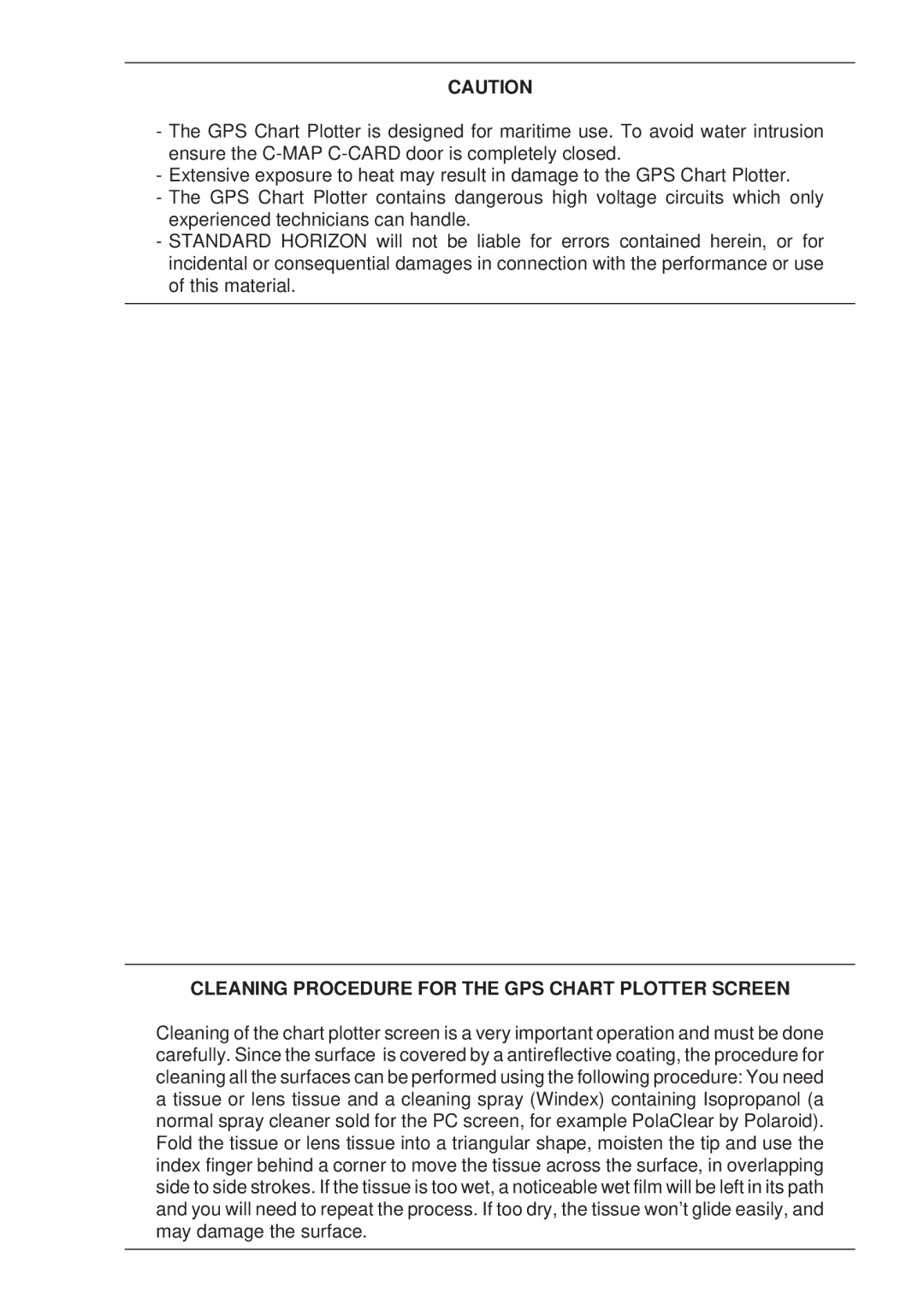 Standard Horizon CP180 owner manual Cleaning Procedure for the GPS Chart Plotter Screen 