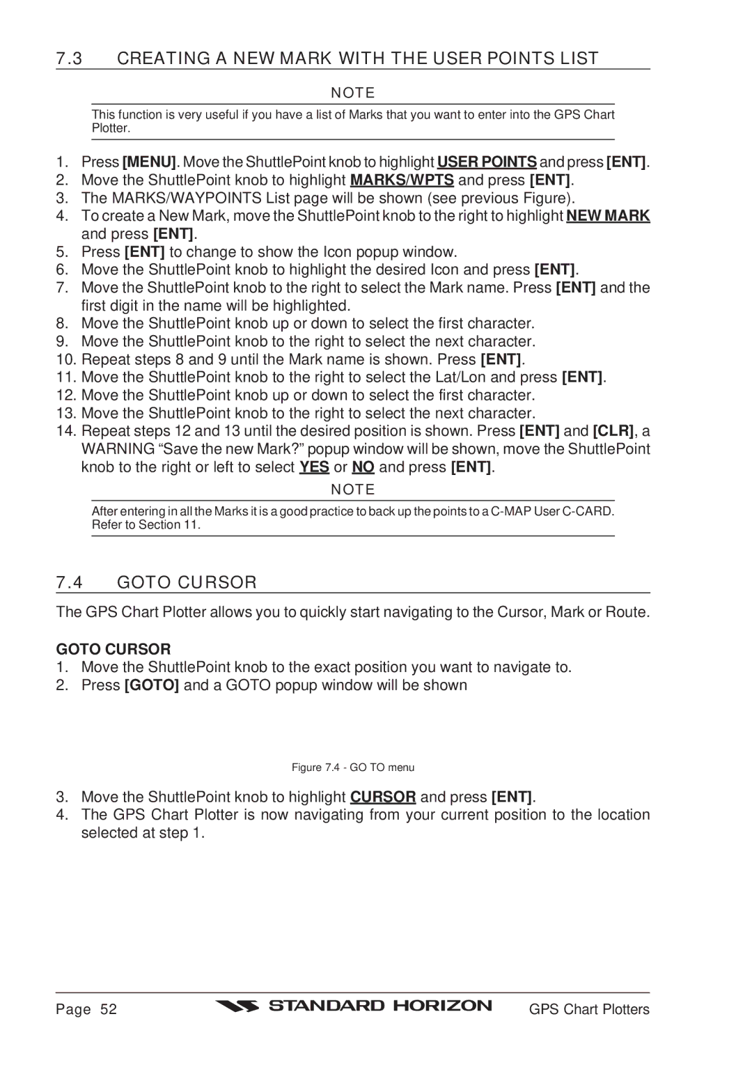 Standard Horizon CP180 owner manual Creating a NEW Mark with the User Points List, Goto Cursor 