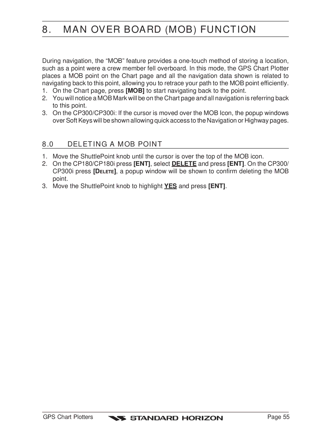 Standard Horizon CP180 owner manual MAN Over Board MOB Function, Deleting a MOB Point 