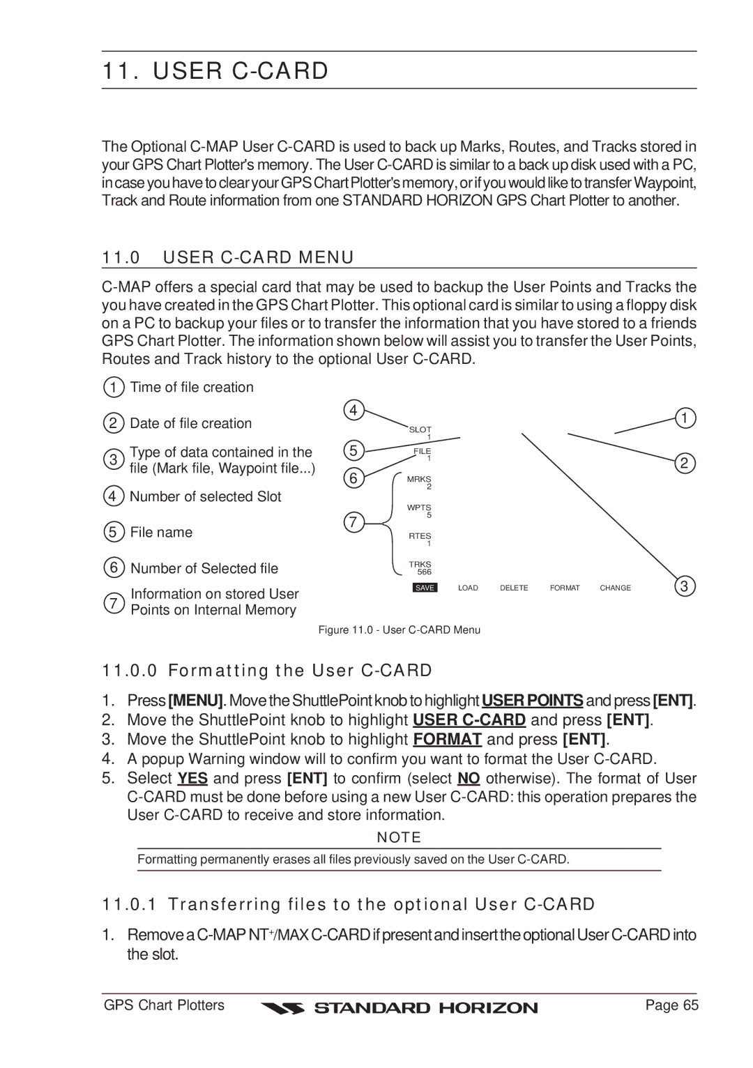 Standard Horizon CP180 User C-CARD Menu, Formatting the User C-CARD, Transferring files to the optional User C-CARD 