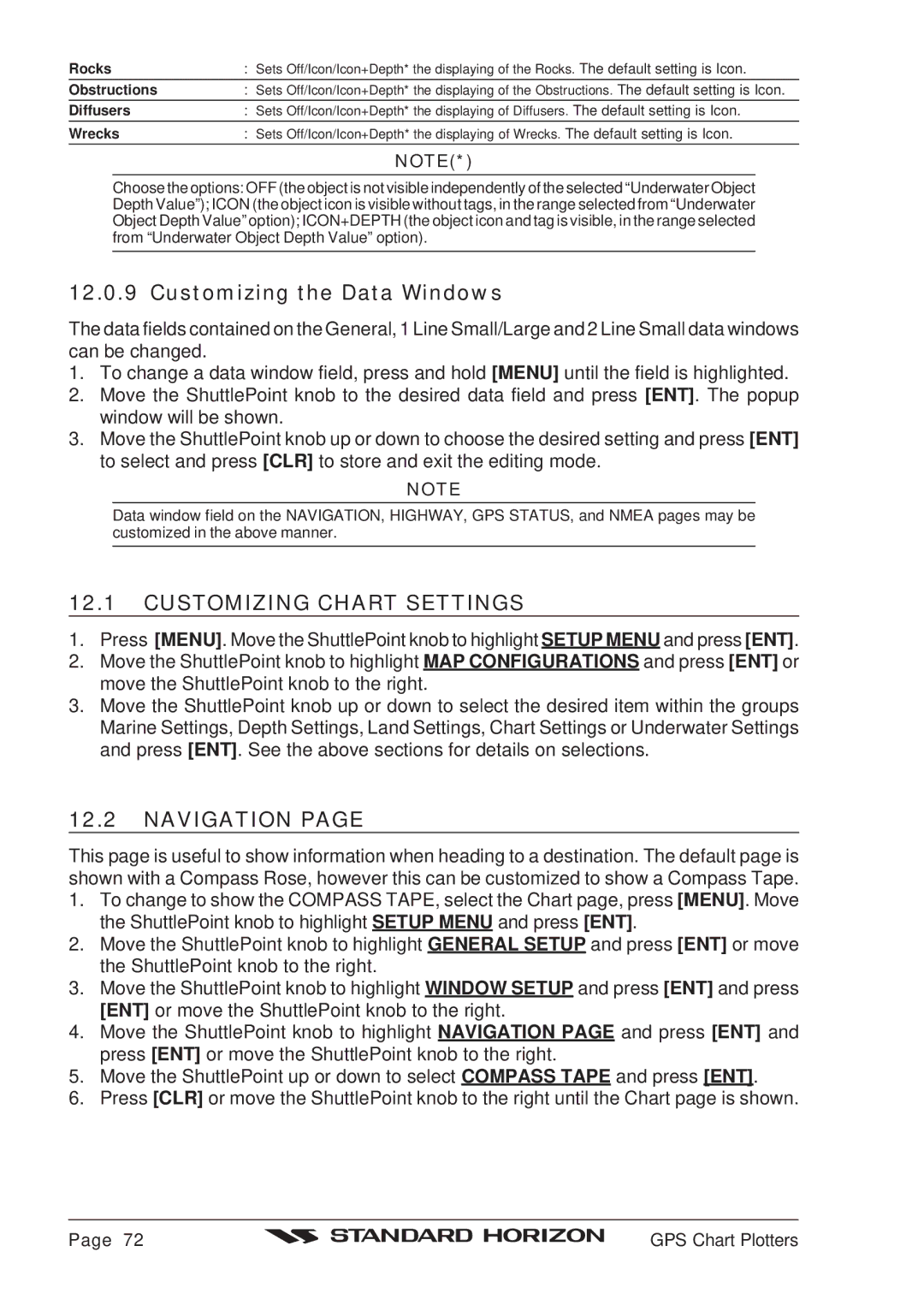 Standard Horizon CP180 owner manual Customizing the Data Windows, Customizing Chart Settings, Navigation 