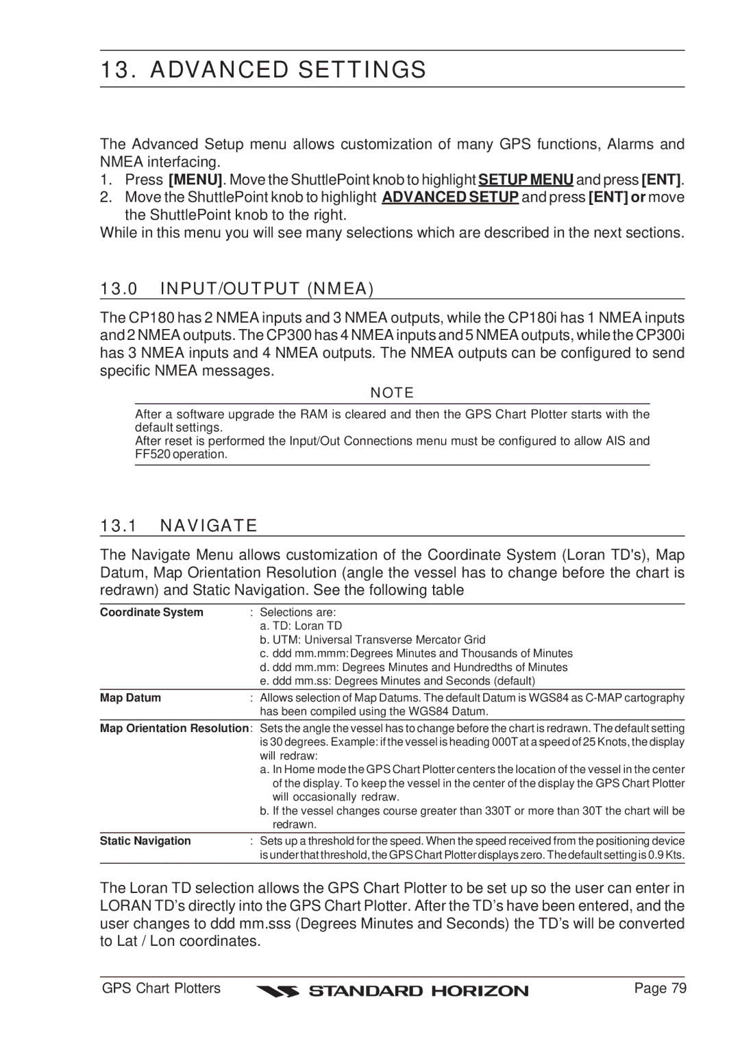 Standard Horizon CP180 owner manual Advanced Settings, INPUT/OUTPUT Nmea, Navigate 