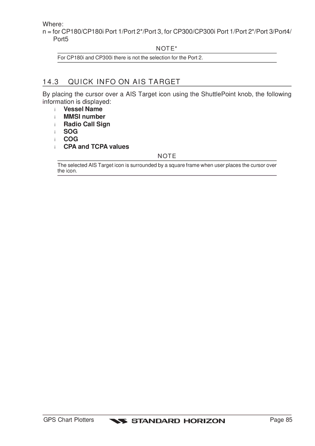 Standard Horizon CP180 Quick Info on AIS Target, Vessel Name Mmsi number Radio Call Sign SOG, CPA and Tcpa values 