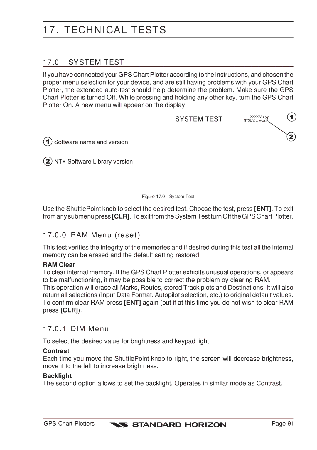 Standard Horizon CP180 owner manual Technical Tests, System Test, RAM Menu reset, DIM Menu 