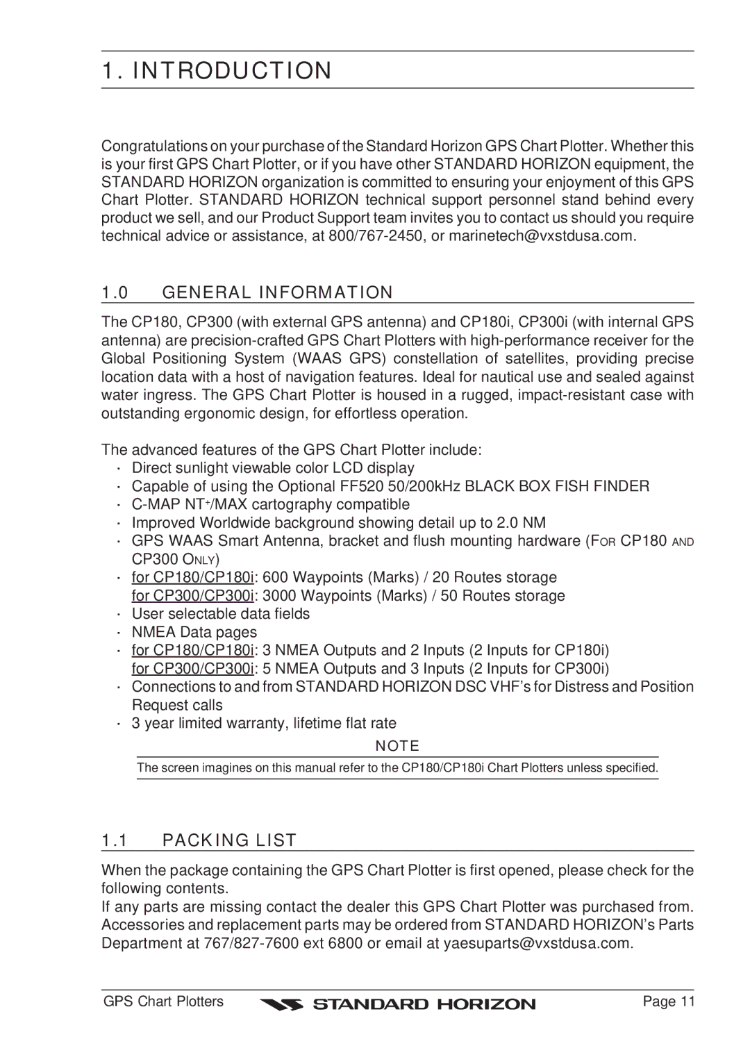 Standard Horizon CP180 owner manual Introduction, General Information, Packing List 