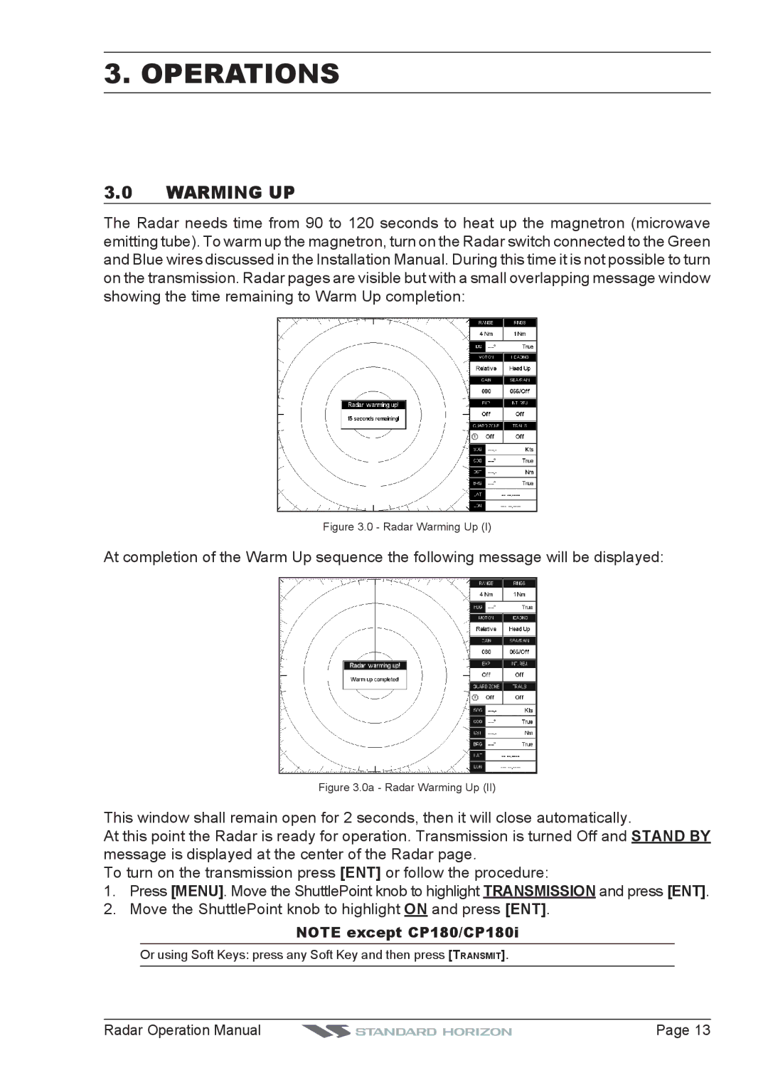 Standard Horizon CPV550, CP500, CP180I, CP300 operation manual Operations, Warming UP 