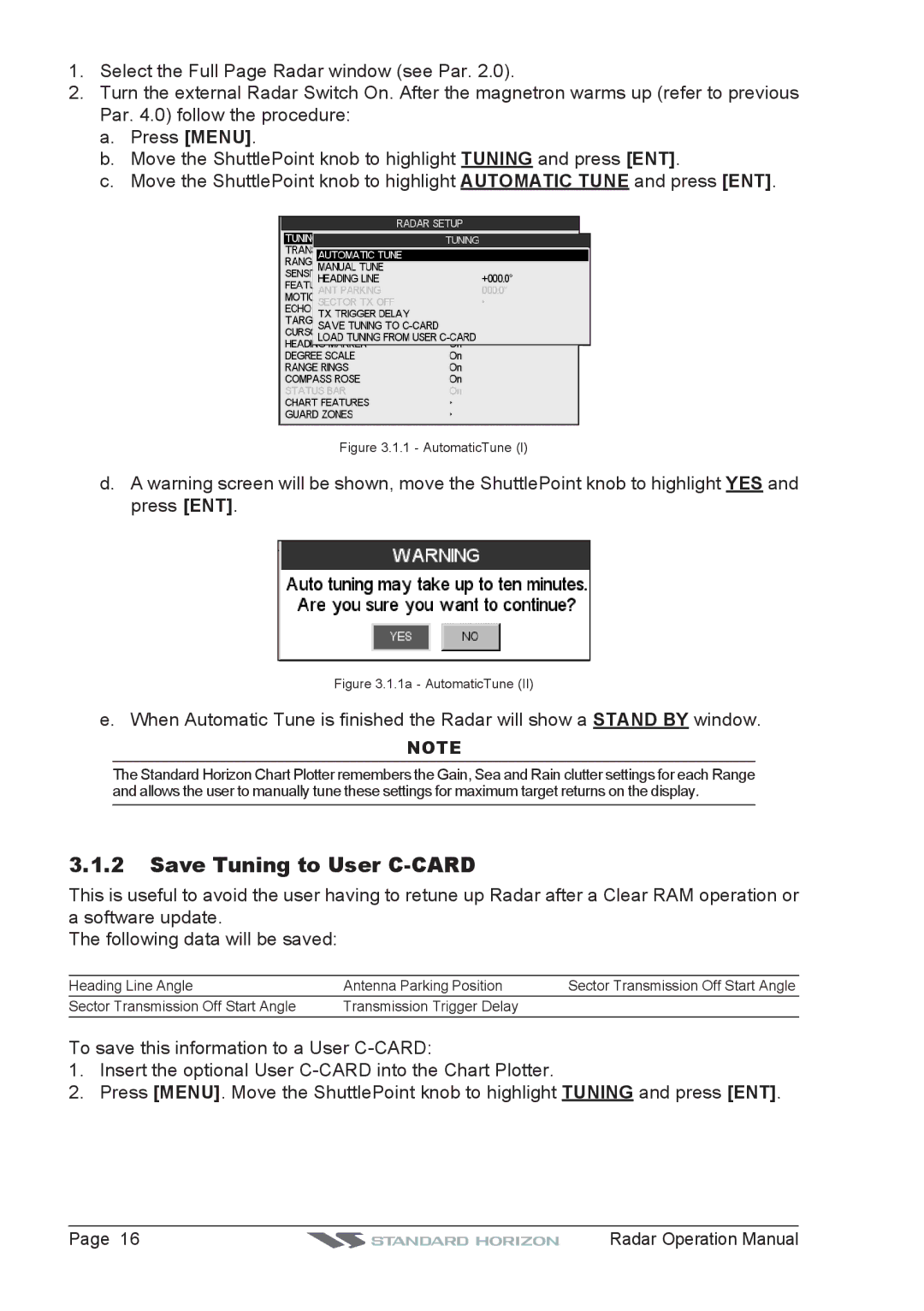 Standard Horizon CP300, CP500, CPV550, CP180I operation manual Save Tuning to User C-CARD, AutomaticTune 