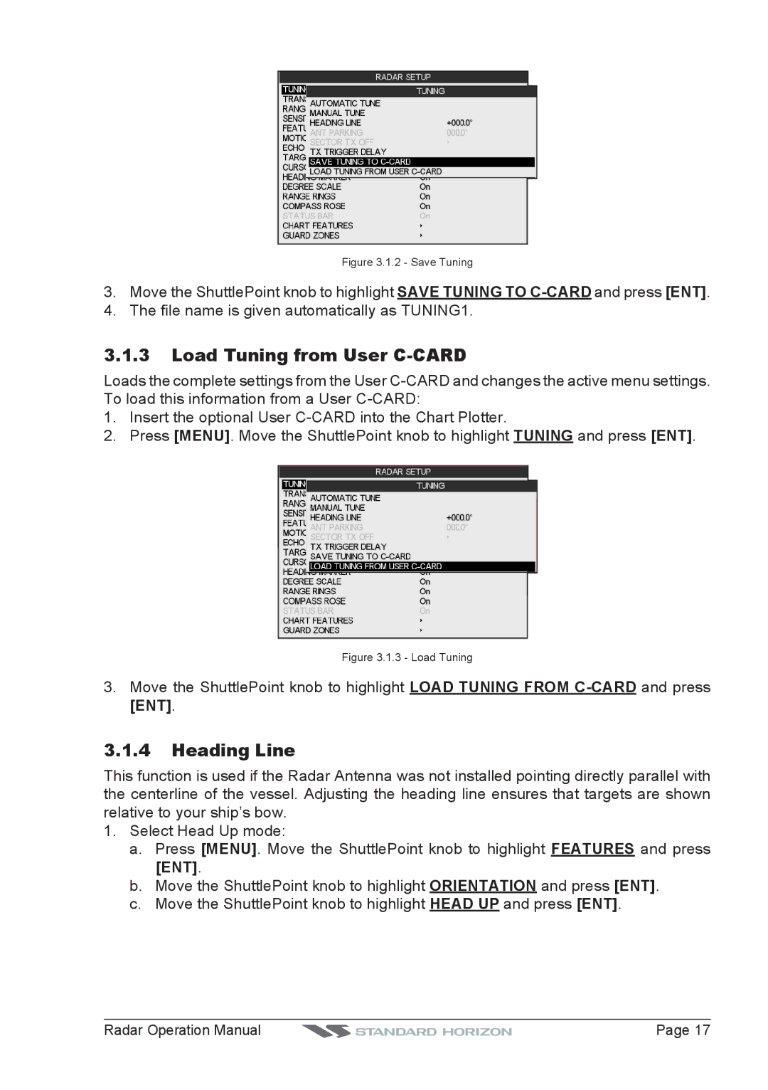 Standard Horizon CP500, CPV550, CP180I, CP300 operation manual Load Tuning from User C-CARD, Heading Line 