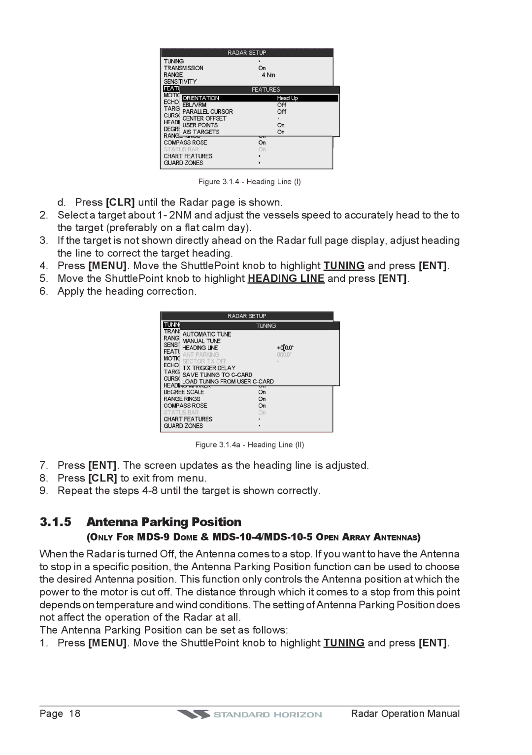 Standard Horizon CPV550, CP500, CP180I, CP300 operation manual Antenna Parking Position, Heading Line 