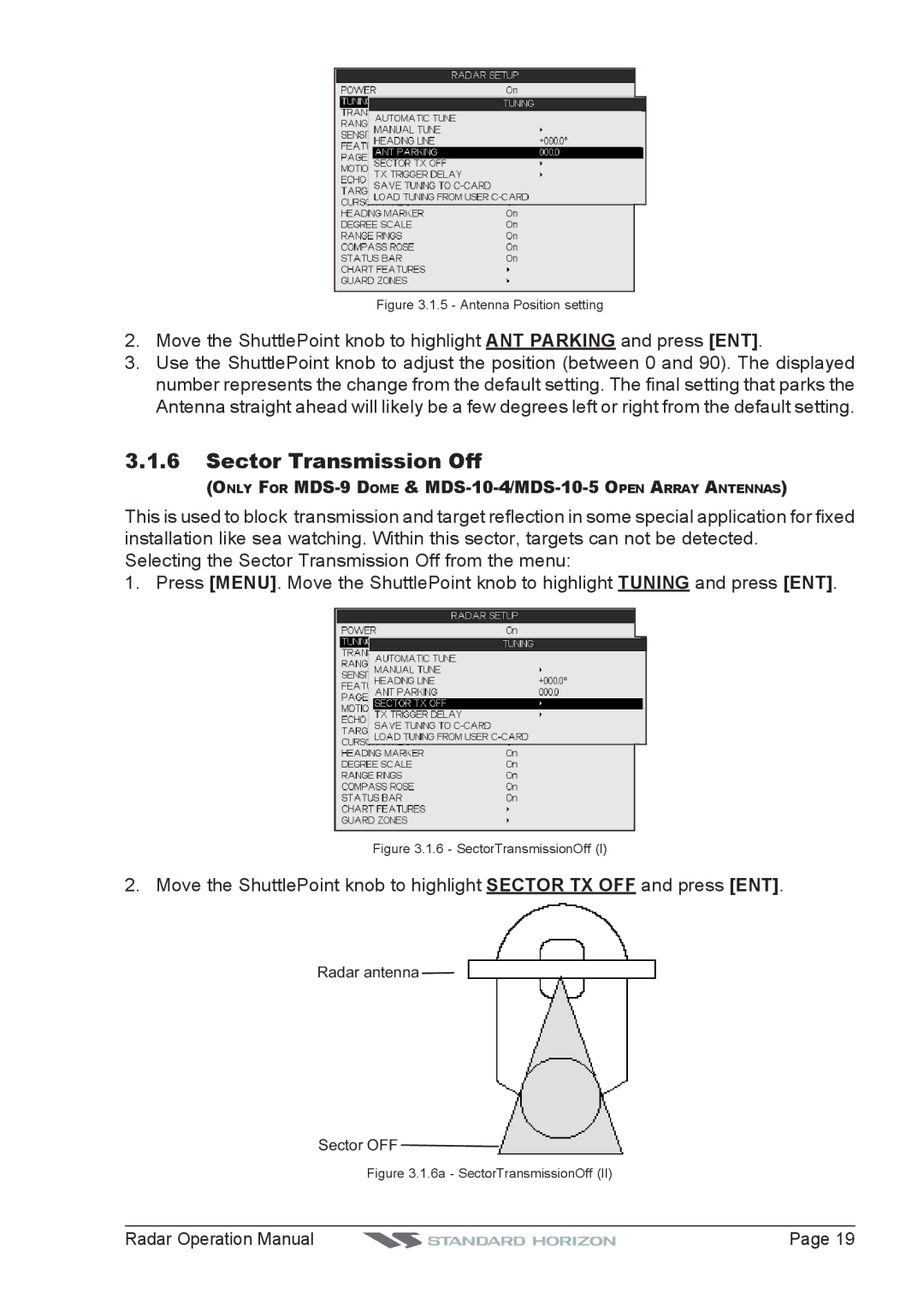 Standard Horizon CP500, CPV550, CP180I, CP300 operation manual Sector Transmission Off, Antenna Position setting 