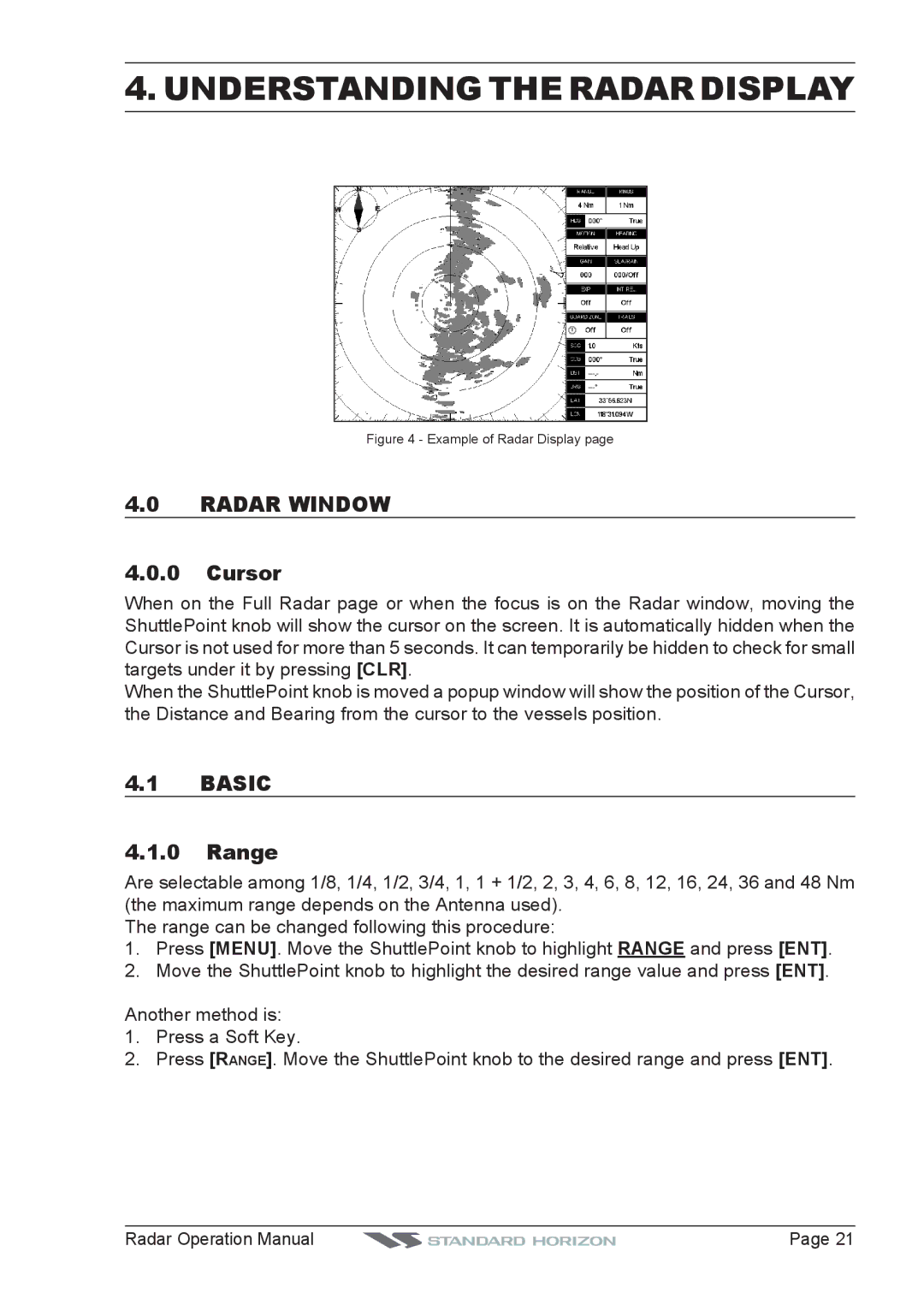 Standard Horizon CP300, CP500, CPV550, CP180I Understanding the Radar Display, Radar Window, Cursor, Basic, Range 