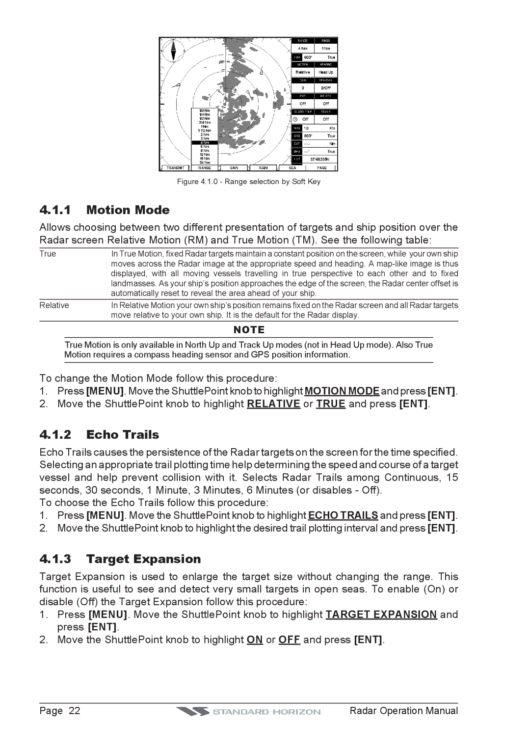 Standard Horizon CP500, CPV550, CP180I, CP300 operation manual Motion Mode, Echo Trails, Target Expansion 