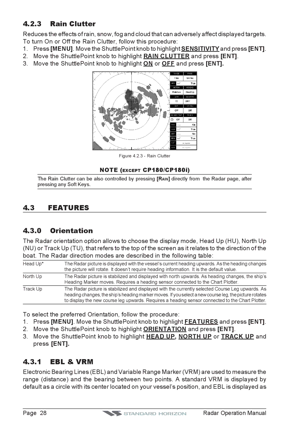 Standard Horizon CPV550, CP500, CP180I, CP300 operation manual Rain Clutter, Features, Orientation, Ebl & Vrm 