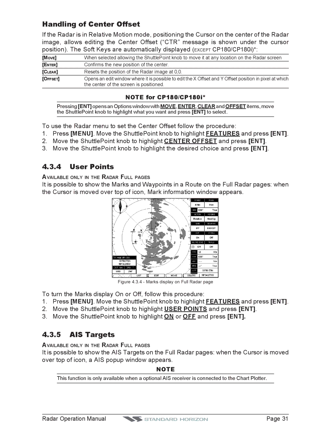 Standard Horizon CP300, CP500, CPV550, CP180I operation manual Handling of Center Offset, User Points, AIS Targets 