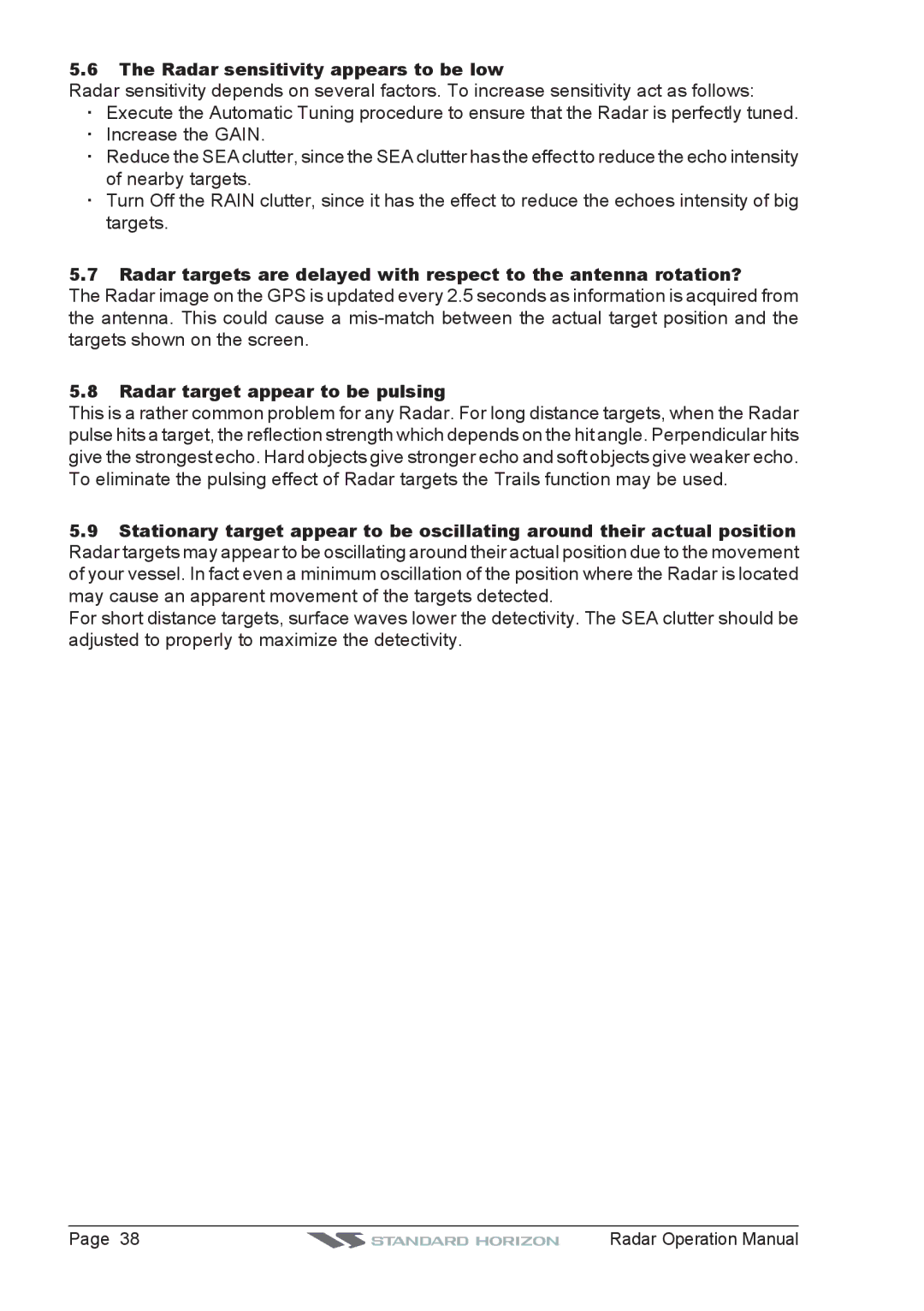 Standard Horizon CPV550, CP500, CP180I, CP300 operation manual Radar sensitivity appears to be low 
