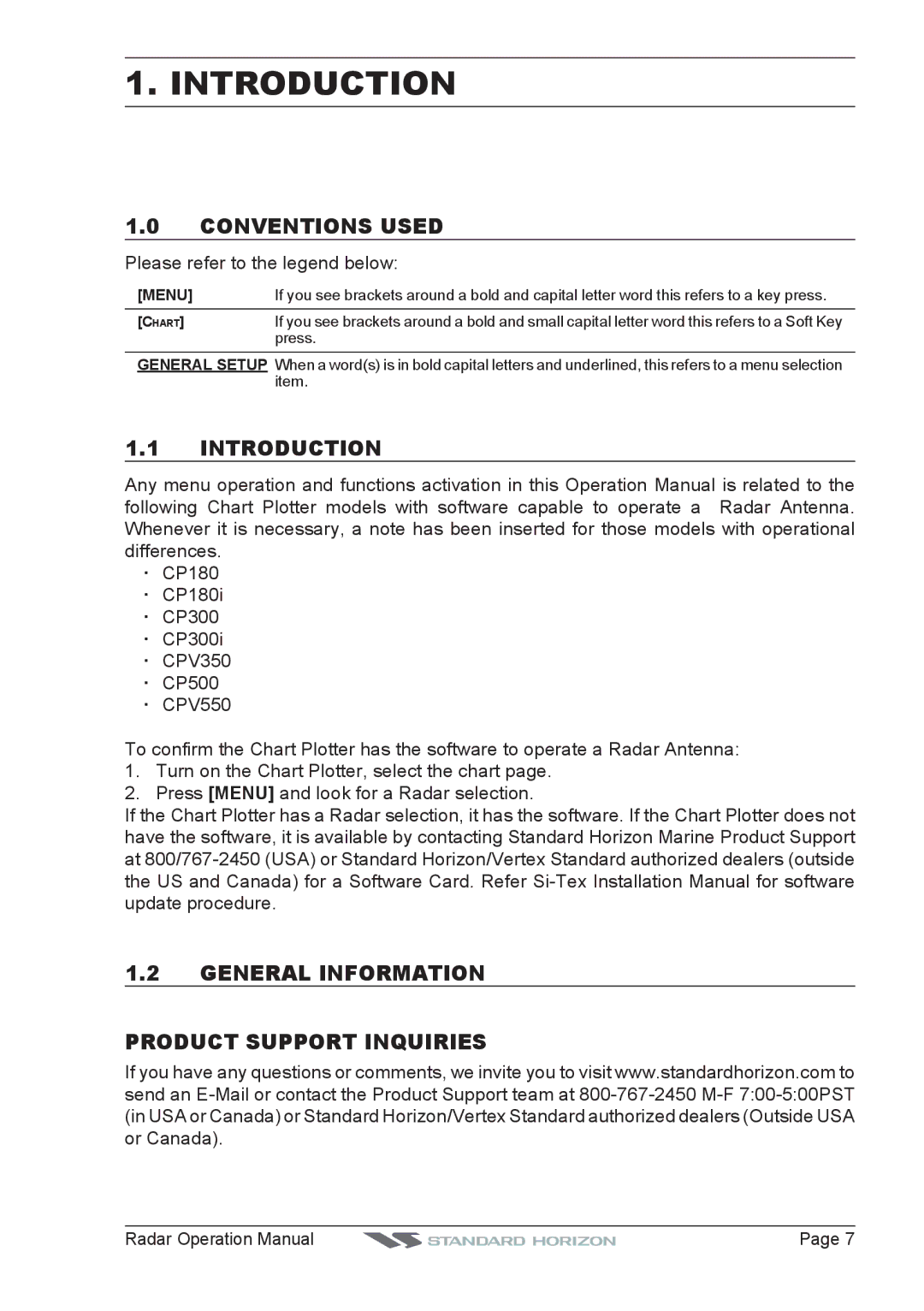 Standard Horizon CP500, CPV550, CP180I Introduction, Conventions Used, General Information Product Support Inquiries 