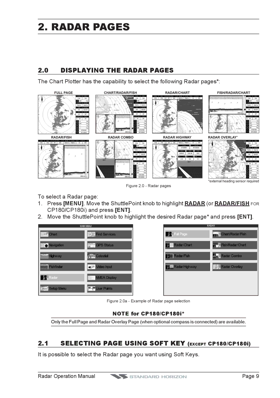 Standard Horizon CP500, CPV550, CP180I Displaying the Radar Pages, Selecting page Using Soft KEY Except CP180/CP180i 