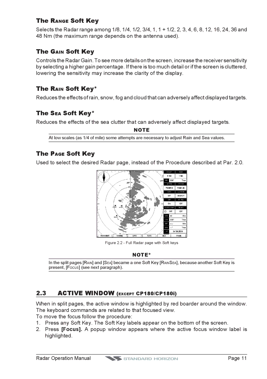 Standard Horizon CP300 Range Soft Key, Gain Soft Key, Rain Soft Key, SEA Soft Key, Active Window Except CP180/CP180i 