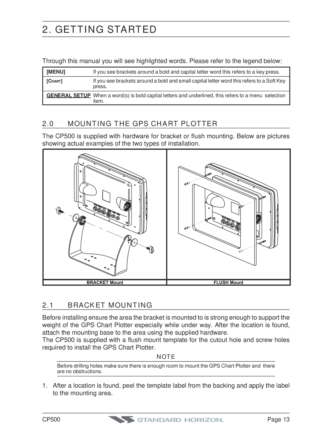 Standard Horizon CP500 owner manual Getting Started, Mounting the GPS Chart Plotter, Bracket Mounting, Menu 