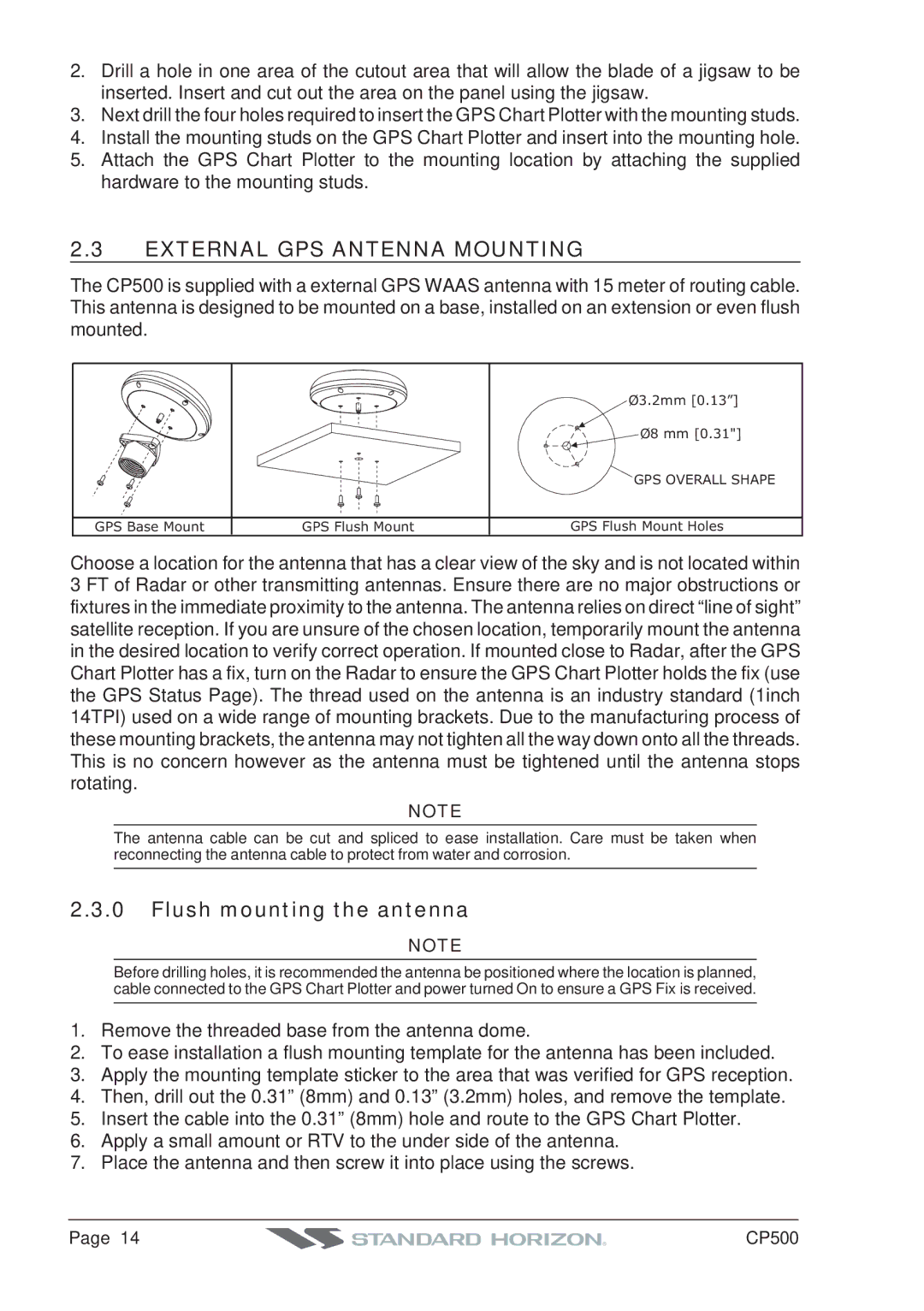 Standard Horizon CP500 owner manual External GPS Antenna Mounting, Flush mounting the antenna 