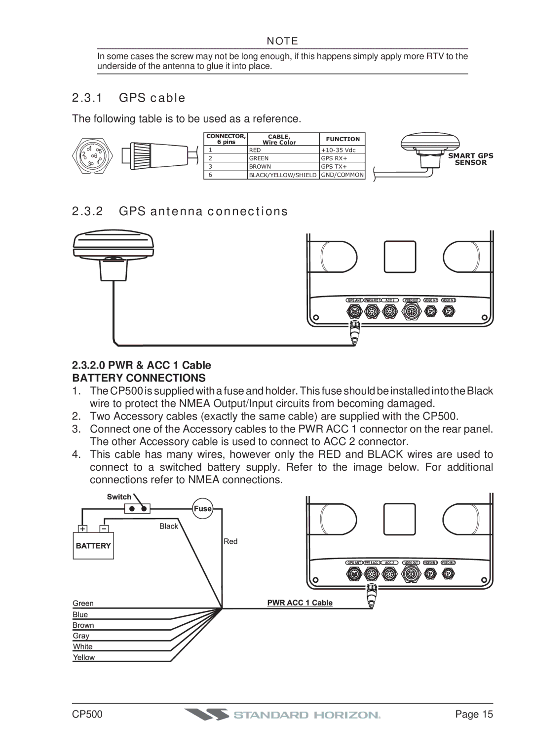 Standard Horizon CP500 owner manual GPS cable, GPS antenna connections, PWR & ACC 1 Cable, Battery Connections 