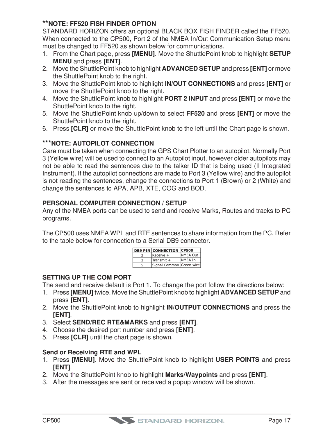 Standard Horizon CP500 Personal Computer Connection / Setup, Setting UP the COM Port, Send or Receiving RTE and WPL 